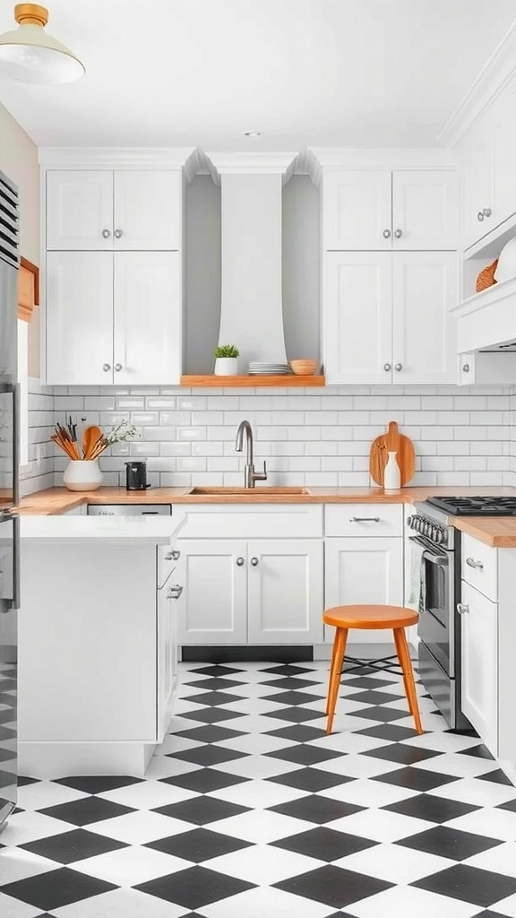 A bright farmhouse kitchen featuring classic black and white checkerboard flooring.