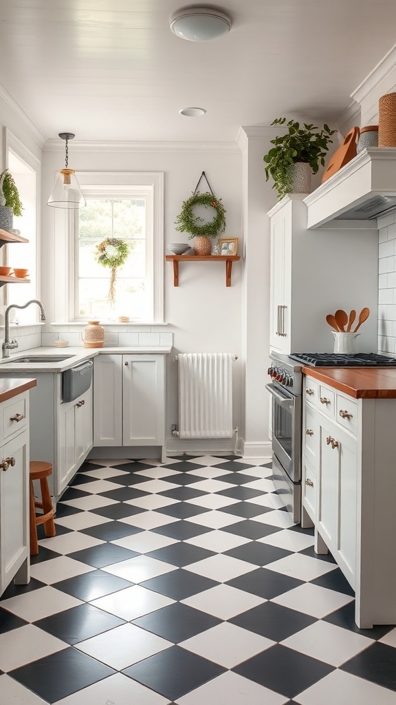 A cozy cottage farmhouse kitchen featuring classic black and white checkerboard flooring.