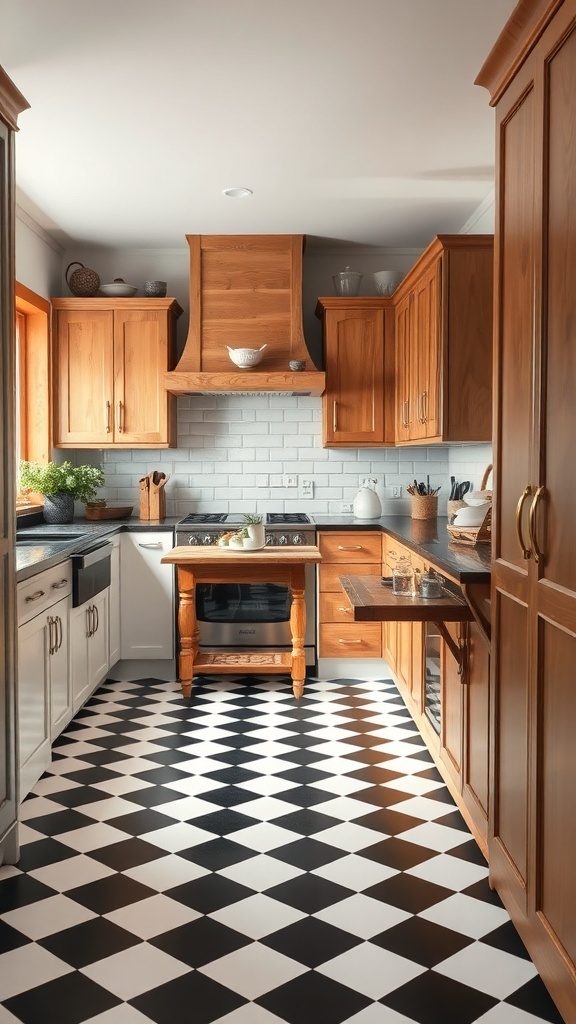 A country kitchen featuring classic checkered black and white flooring with wooden cabinets.
