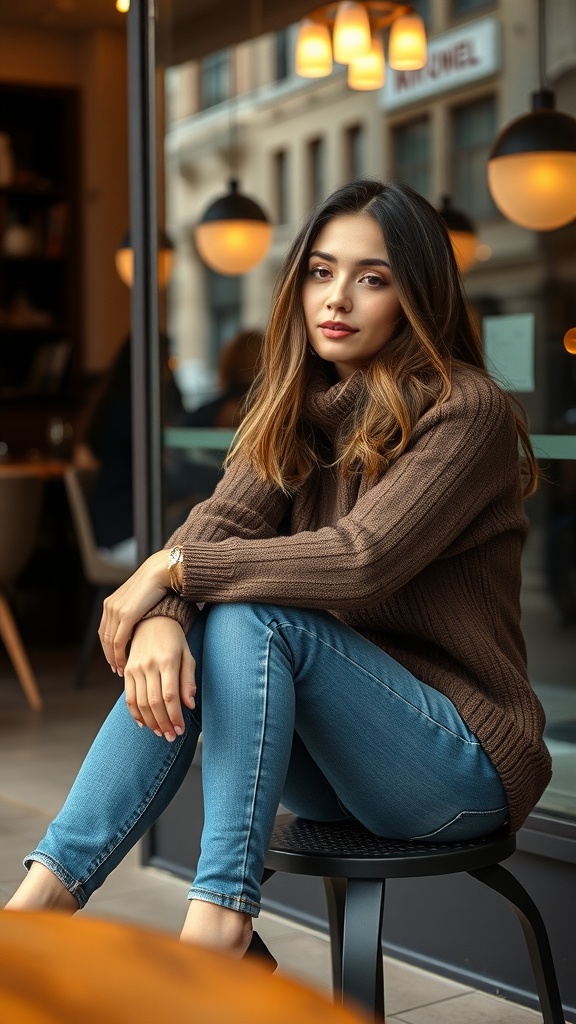 A woman in a cozy café wearing a brown sweater and blue jeans, showcasing a trendy winter outfit.