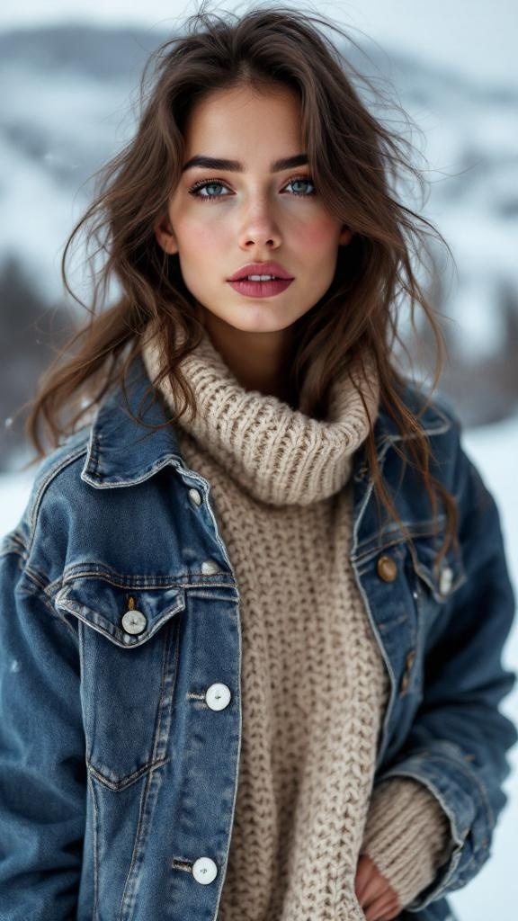 A woman wearing a classic denim jacket over a chunky knit sweater in a snowy landscape.