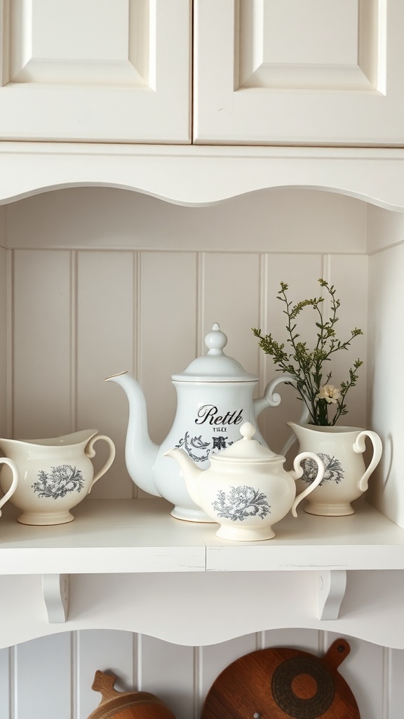 Classic English tea set displayed on a shelf in a farmhouse kitchen.