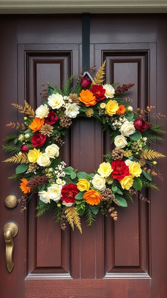 A classic fall floral wreath with red, yellow, and white flowers, decorated with greenery and pinecones, hanging on a brown door.