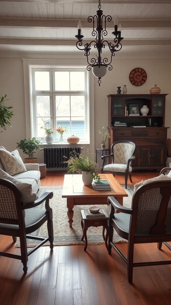A cozy coastal farmhouse living room featuring classic furniture.