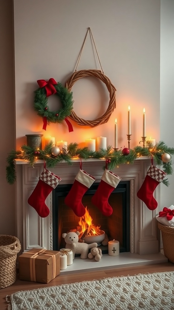 A beautifully decorated fireplace with stockings, candles, and a wreath for Christmas.