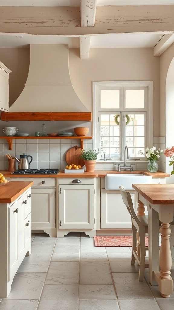A cozy French farmhouse kitchen with cream cabinets, wooden countertops, and natural light.