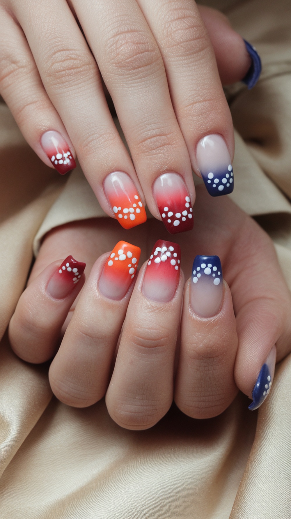Colorful French manicure with ombre effect and white dots