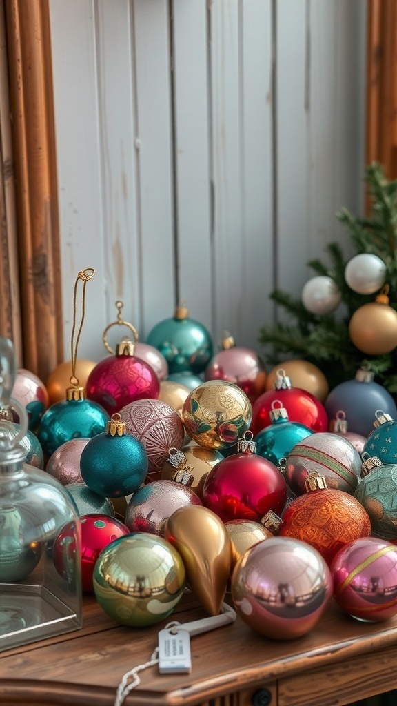 A collection of vintage glass Christmas ornaments in various colors and designs, displayed on a wooden surface.