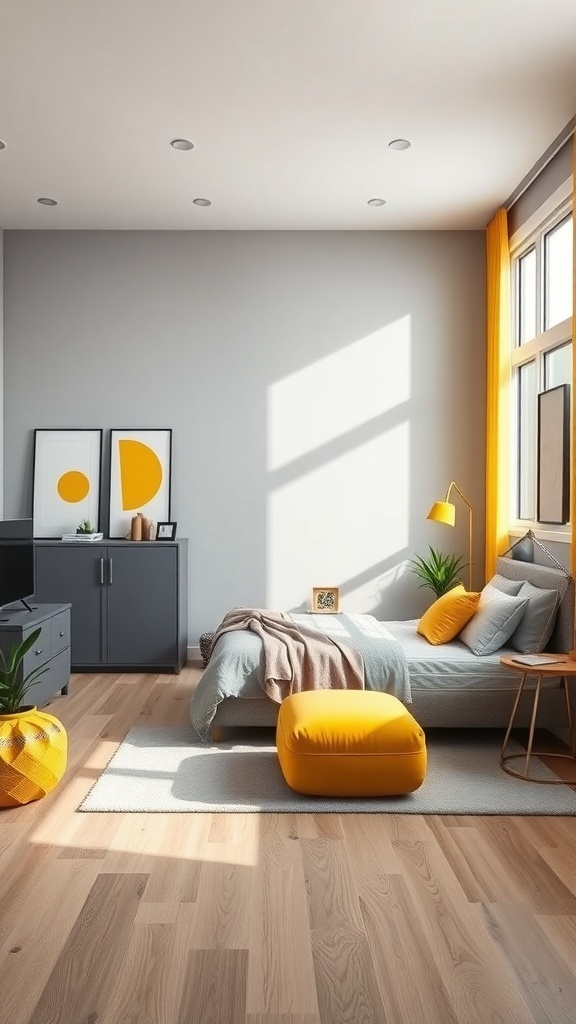 A cozy bedroom featuring a gray color scheme with yellow accents, including pillows and curtains.