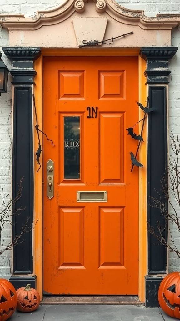 An orange Halloween door with black accents, decorated with bats and surrounded by pumpkins.