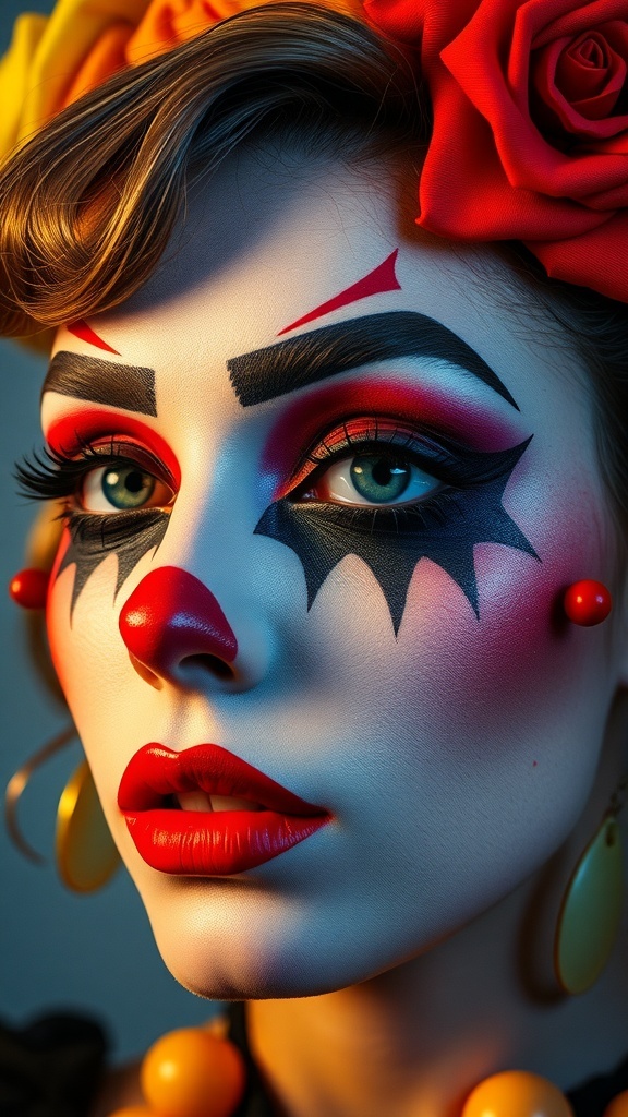A close-up of a clown-inspired Halloween makeup look featuring bold colors and dramatic details.