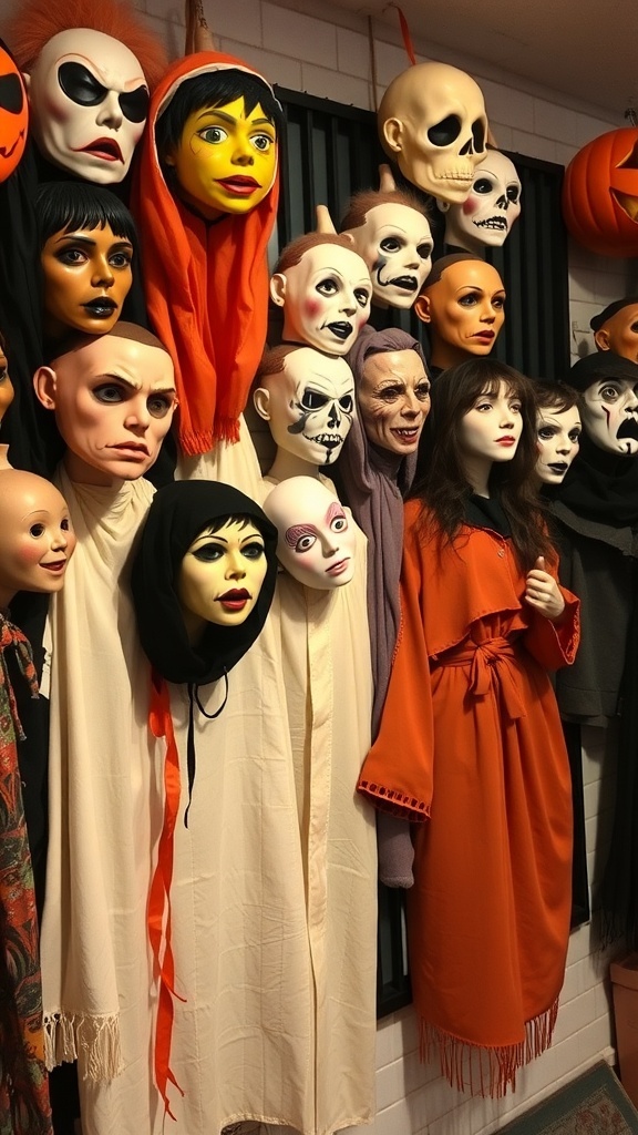 A collection of vintage Halloween masks and costumes displayed on a wall.