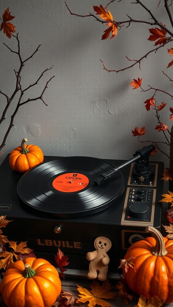 A vintage turntable with a vinyl record, surrounded by autumn leaves and pumpkins, creating a Halloween vibe.