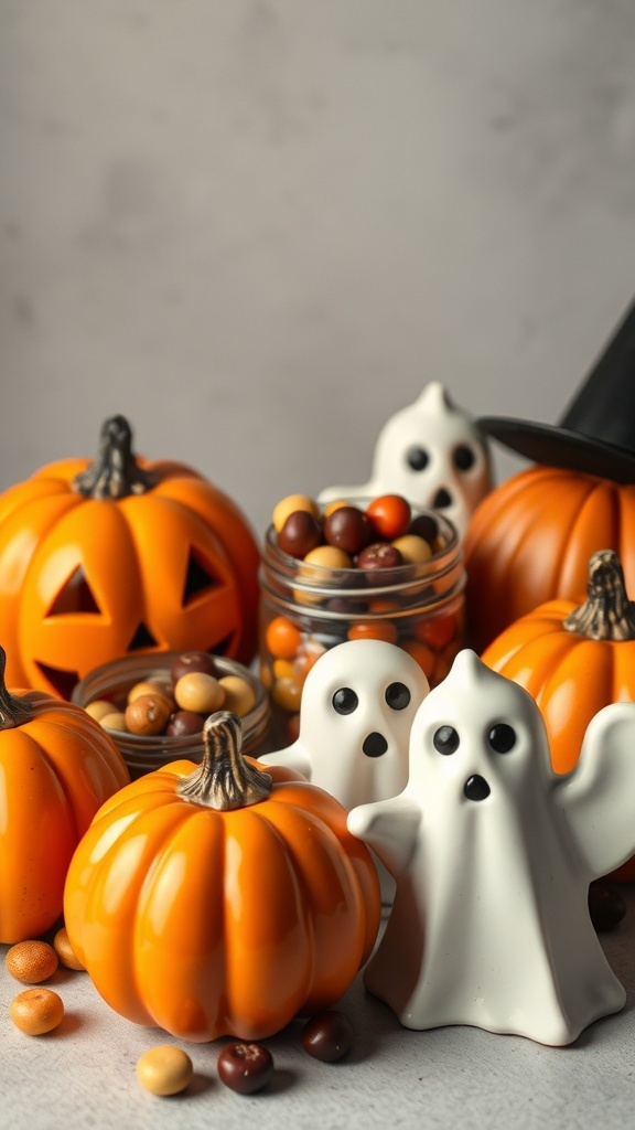 A collection of vintage Halloween decor featuring pumpkins, ghost figures, and a jar of colorful candies.