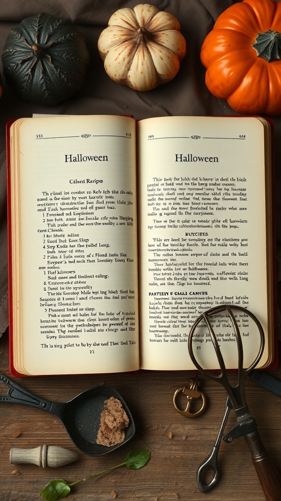 A vintage Halloween cookbook opened to recipes, surrounded by colorful pumpkins and baking tools.