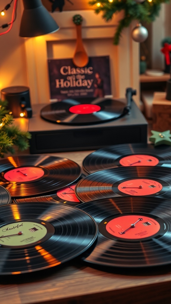 A vintage record player with Christmas music records and holiday decorations.