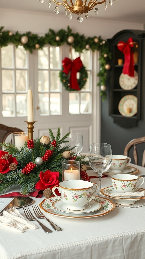 A beautifully set vintage holiday table with china, candles, and festive decorations.