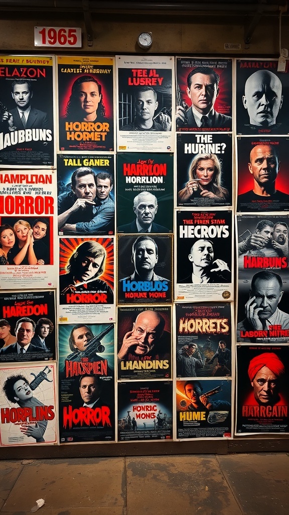 A collection of classic horror movie posters featuring various titles and actors.