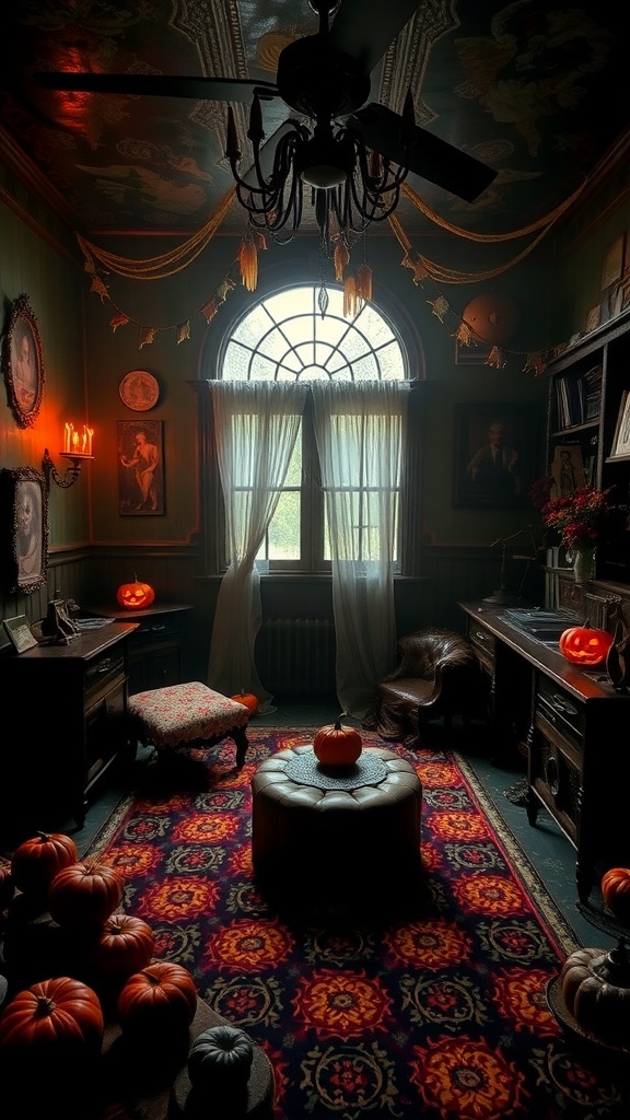 A room decorated with classic horror movie posters, a rug that says 'Horror', and jack-o'-lanterns.