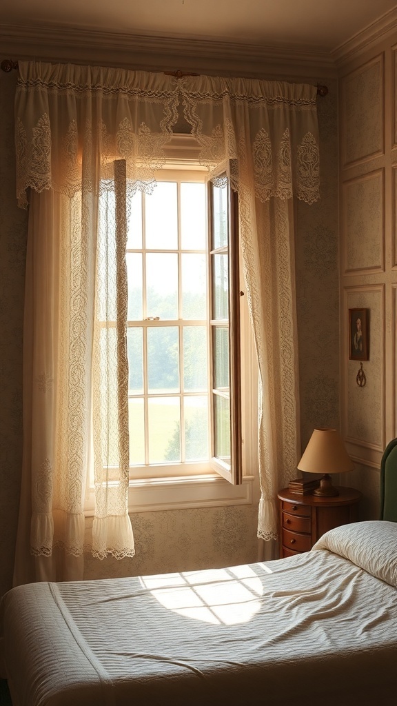 A vintage bedroom with lace curtains framing a window, soft light filtering through.
