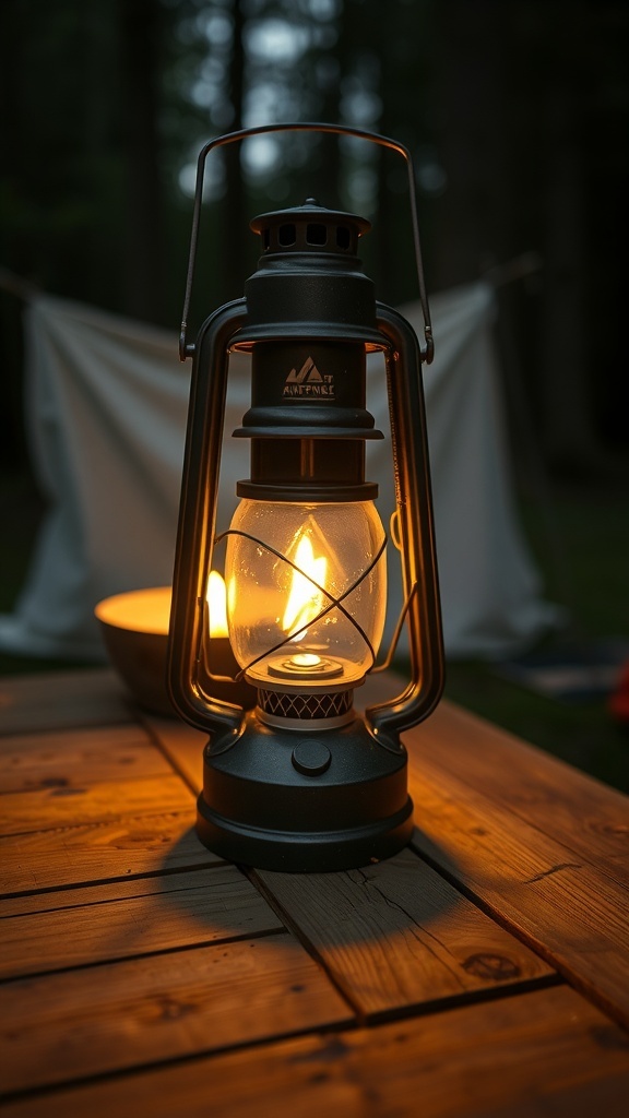 A classic lantern on a wooden table with a warm glow, set in a camping environment.