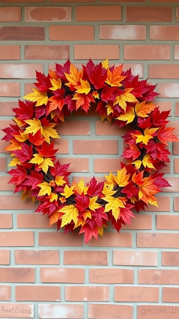 A classic maple leaf wreath featuring vibrant red, orange, and yellow leaves against a brick wall.
