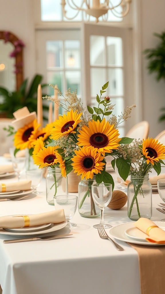 A table set with mason jar centerpieces filled with sunflowers, creating a warm and inviting fall decor.