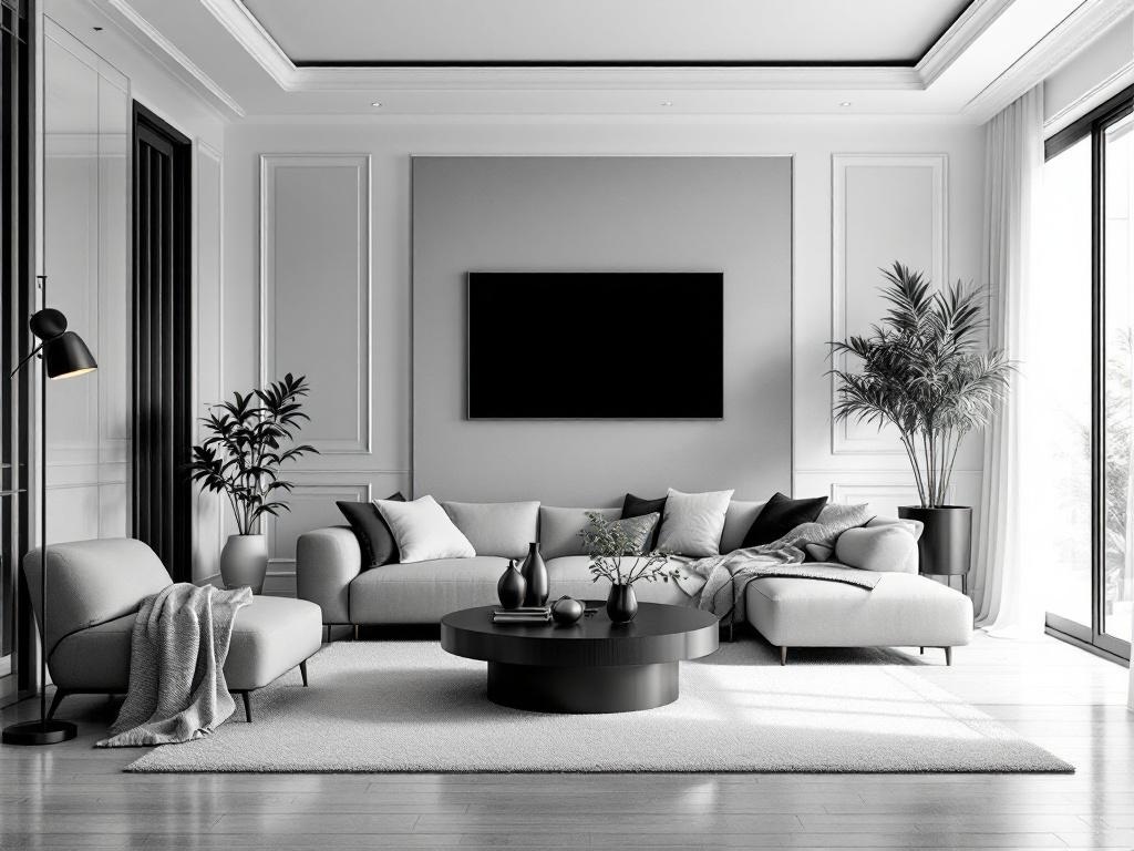 A stylish monochrome living room with a sectional sofa, coffee table, and plants.