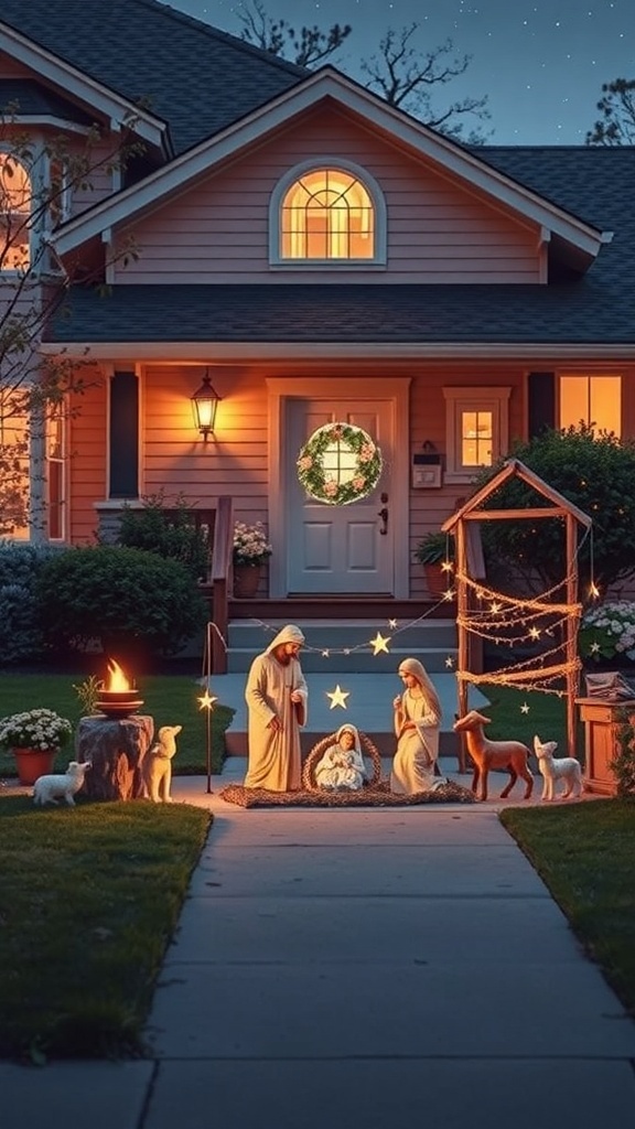 A beautifully arranged nativity scene in front of a cozy home, featuring Mary, Joseph, and baby Jesus, surrounded by animals and twinkling lights.