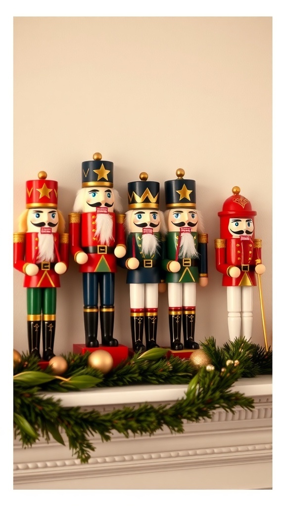 A collection of colorful nutcracker figurines displayed on a mantel, surrounded by greenery and ornaments.