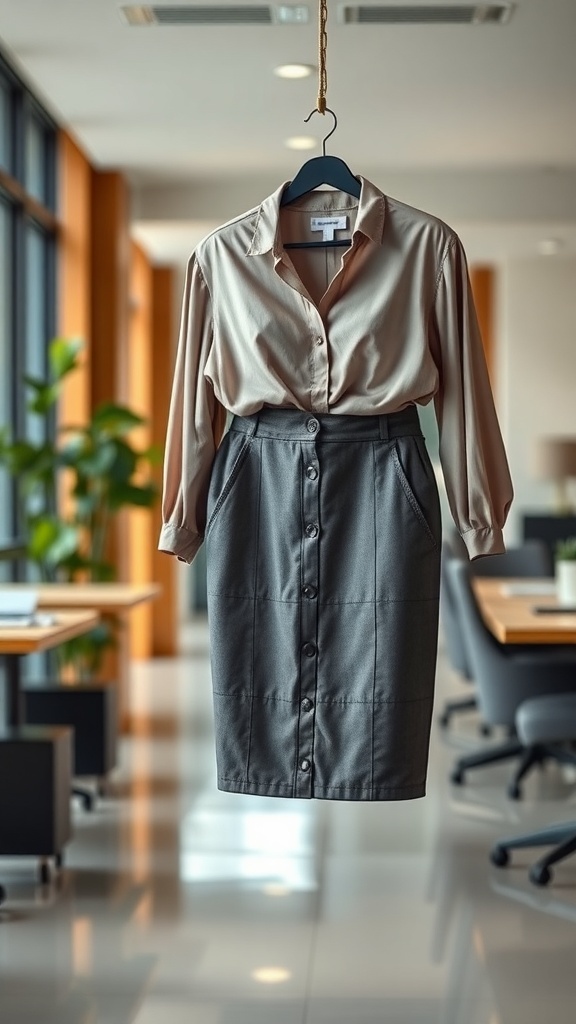 A classic pencil skirt and blouse hanging in an office setting