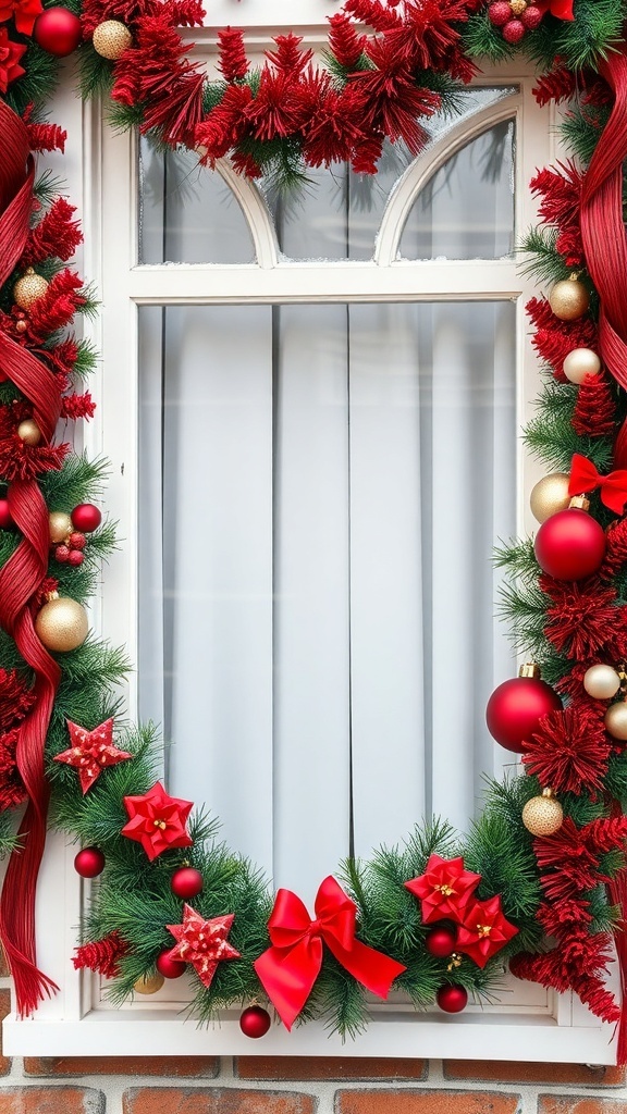 A beautifully decorated Christmas window with red and green accents, featuring a wreath with ornaments and ribbons.