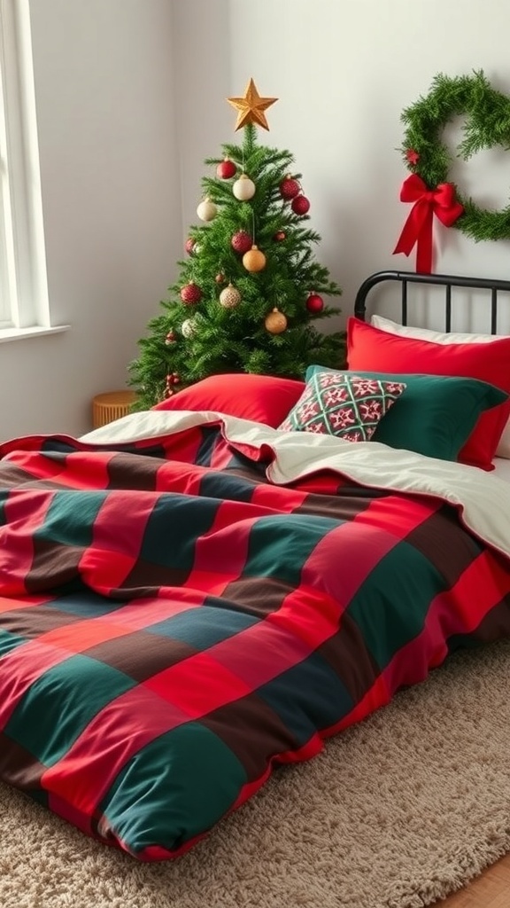 A cozy bedroom featuring classic red and green bedding with a Christmas tree and wreath.