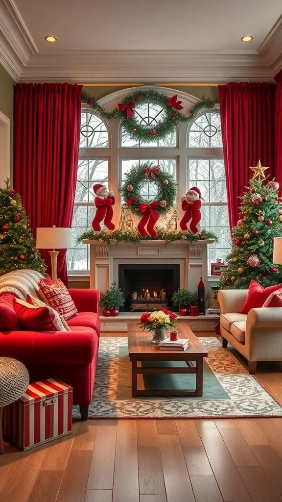 A cozy living room decorated for Christmas with red curtains, a red sofa, green wreaths, and festive decorations.