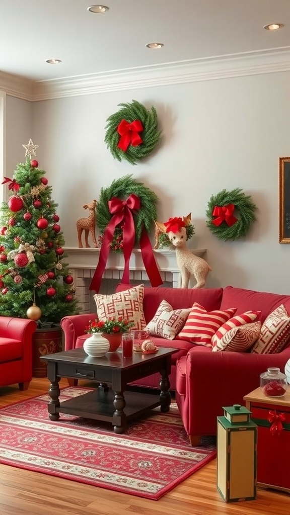 A cozy living room decorated for Christmas with red and green decor.