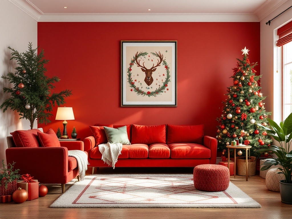 Living room decorated in classic red and green for Christmas, featuring a red sofa, Christmas tree, and festive wall decor.