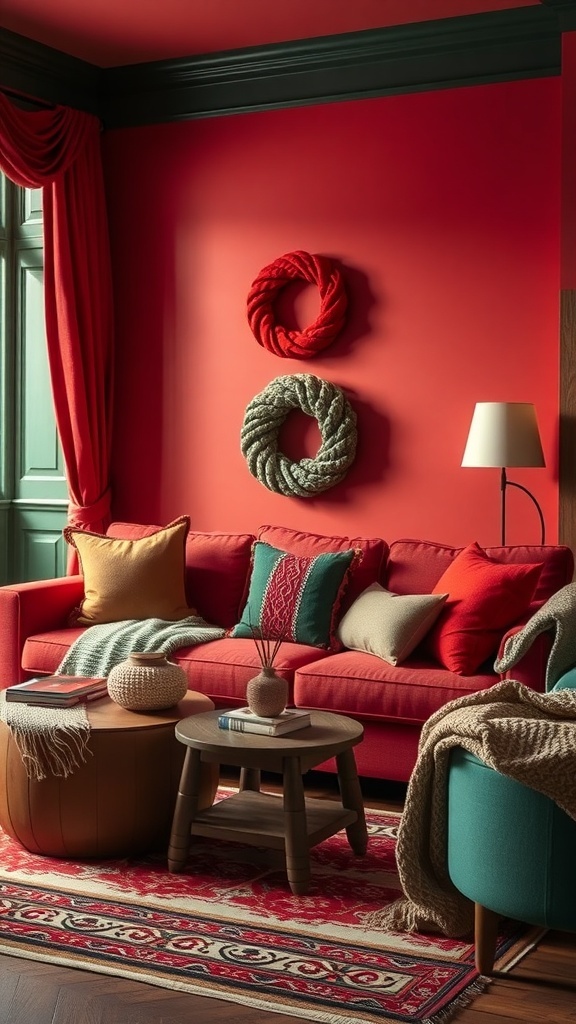 A cozy living room decorated for Christmas with a red sofa, green accents, and festive wreaths.