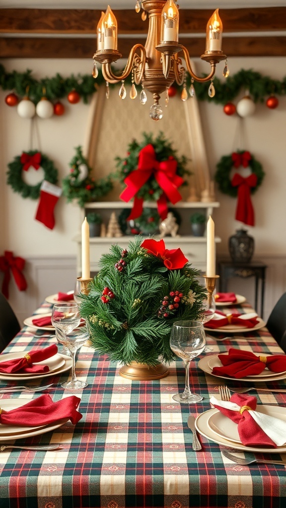 Christmas dinner table setting with red and green decorations, plaid tablecloth, and festive centerpiece.