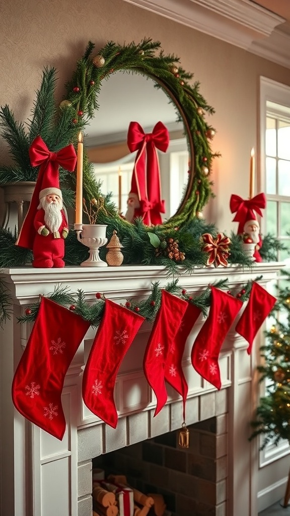 A winter mantle decorated with red stockings, green garland, and festive ornaments.