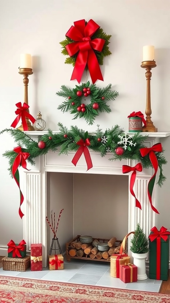 A beautifully decorated winter mantle featuring red bows, green garlands, and festive ornaments.