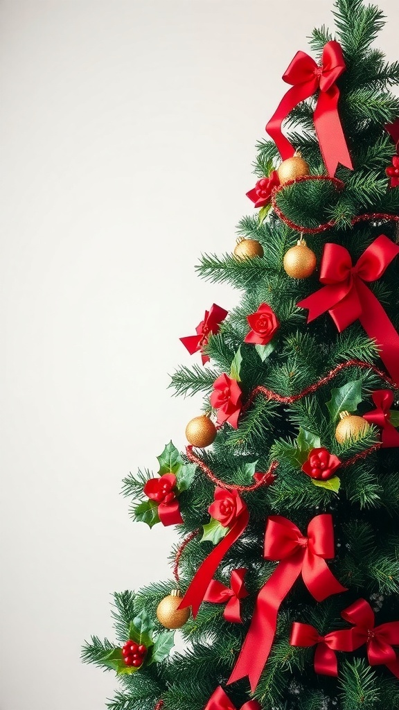 A beautifully decorated Christmas tree featuring classic red and green decor, with red bows, gold ornaments, and holly.