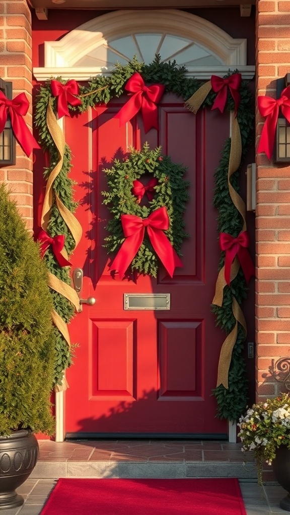 A red door decorated with green wreaths and red bows for Christmas.