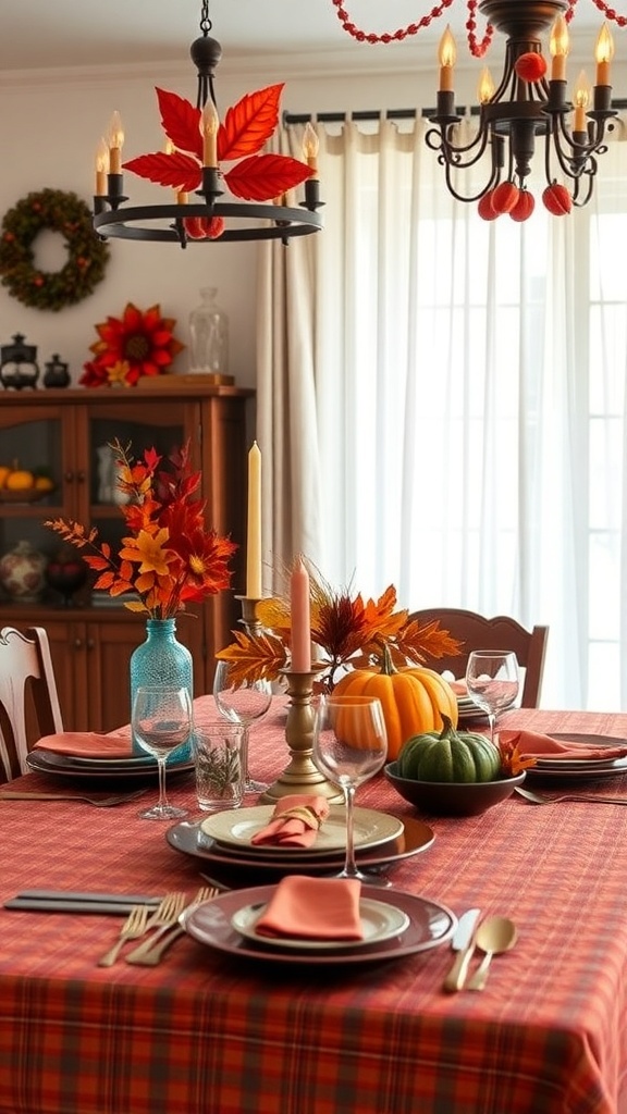 Thanksgiving table setting with red and orange colors, pumpkins, and elegant tableware.