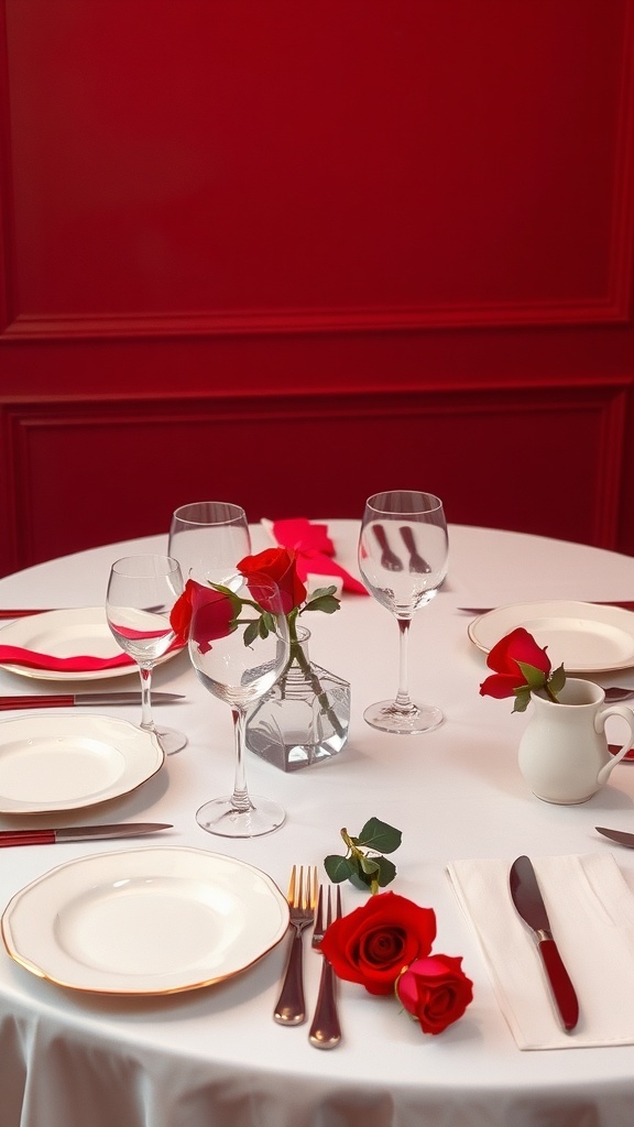 A beautifully set table with red roses, white plates, and elegant glassware against a red wall.