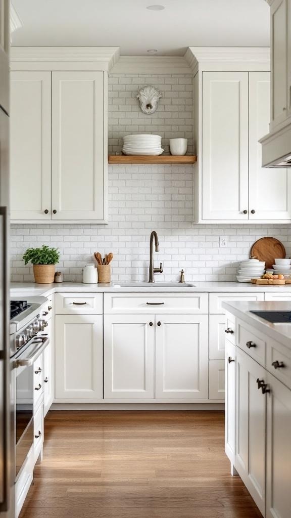 A kitchen featuring classic Shaker style cabinets in white with open shelving and wooden accents.