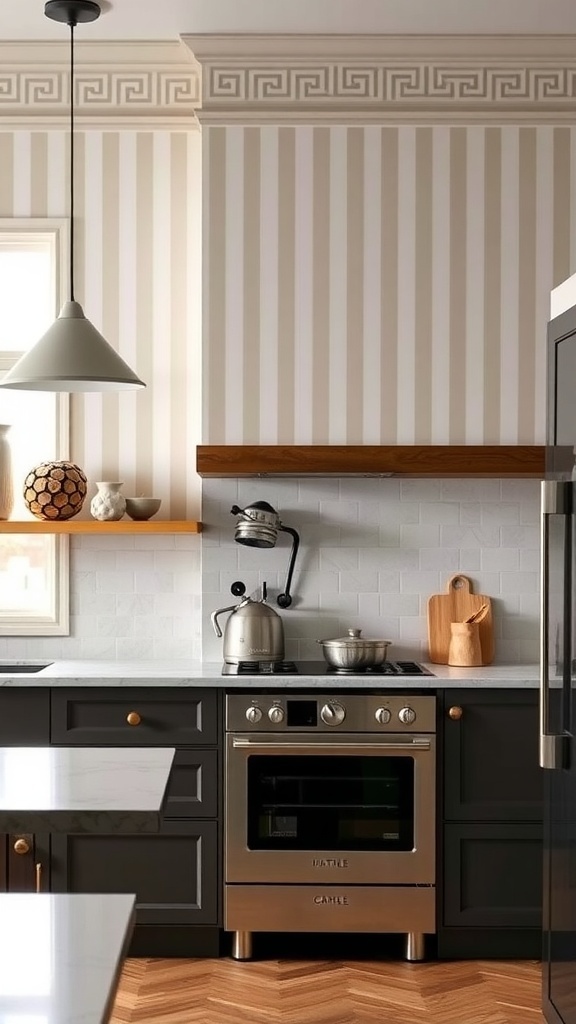 A modern kitchen featuring classic striped wallpaper in soft tones.
