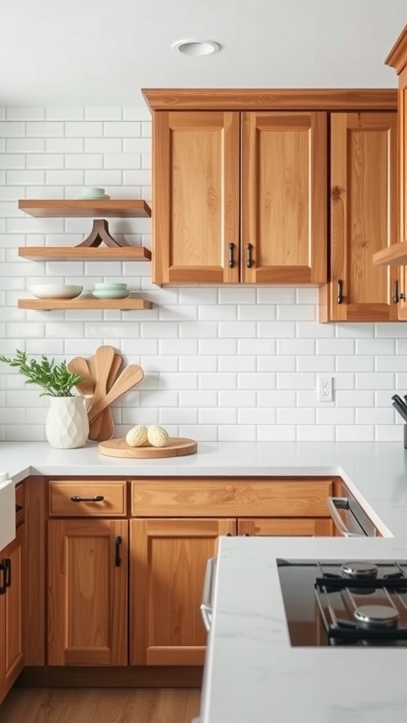 Farmhouse kitchen featuring a classic subway tile backsplash and warm wood cabinets.