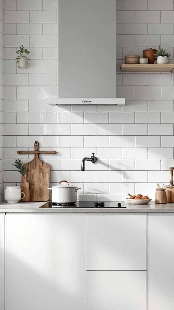 A modern kitchen featuring classic white subway tiles as a splashback, with a sleek range hood and wooden accents.
