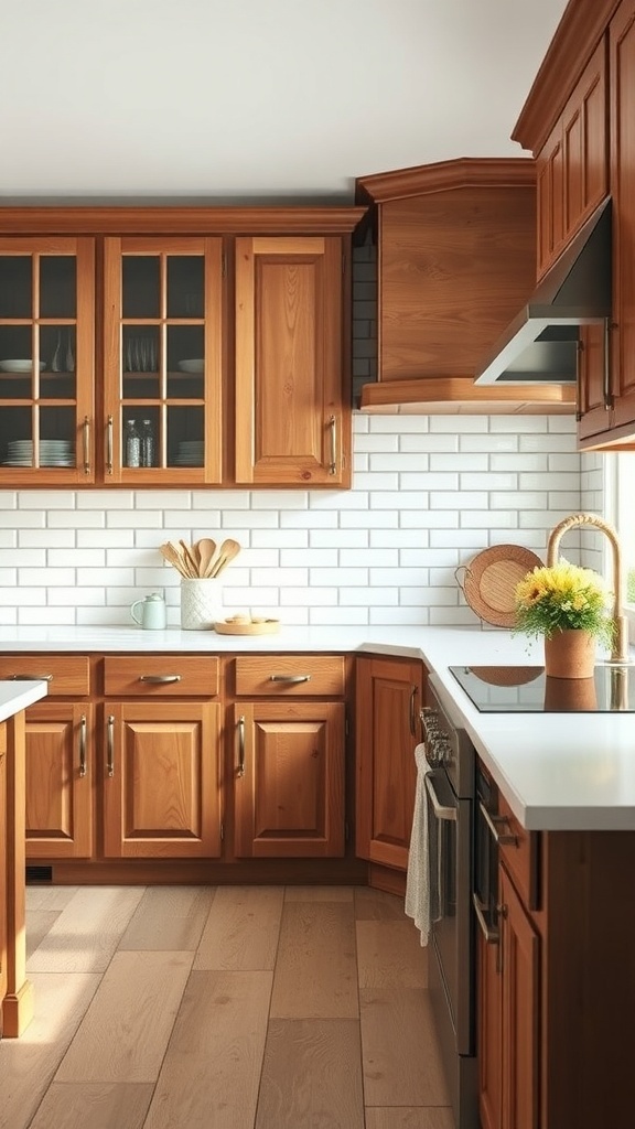 A farmhouse kitchen featuring classic subway tiles as a backsplash, wooden cabinets, and a bright atmosphere.