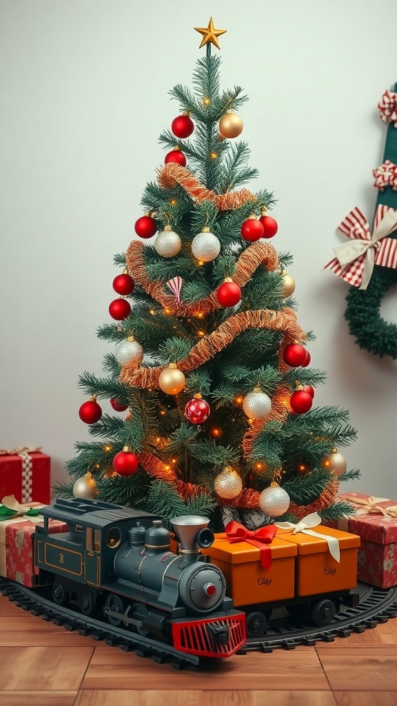A vintage toy train set under a beautifully decorated Christmas tree with red and gold ornaments.